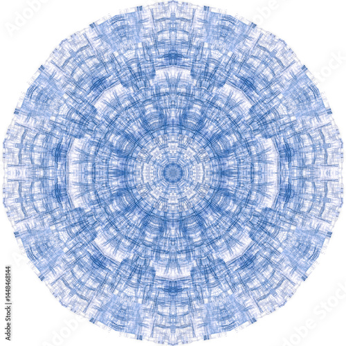 Intricate, symmetrical tech blueprint with concentric circles and intersecting lines in blue and white. Resembles circuitry, suggesting complexity and precision. 3D render