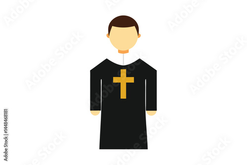 Minimalist depiction of a catholic priest in black robe with golden cross