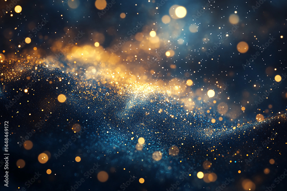 Fototapeta premium Gold dust and sparkling particles ascend against a dark blue backdrop