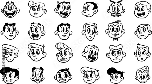 Retro Cartoon Faces Black and White Clipart Vintage Heads Illustration