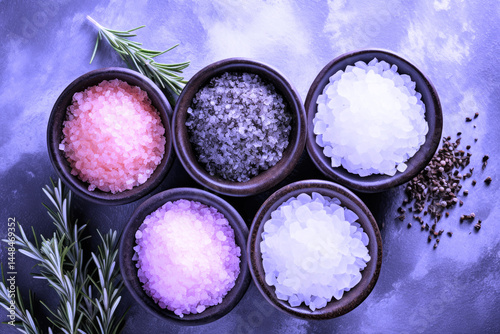 Assorted salts on concrete Different types of sea salt Himalayan black rose powder Rosemary Dead Sea salt balls Empty space Top view photo