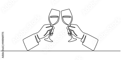 hand holding wine glass line art style illustration vector eps 10, Single line drawing of a champane celabrations, Hand drawn hands hold wine clinking glasses one line art,continuous drawing contour. 