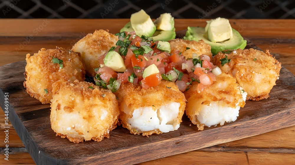 Crispy fish bites with salsa and avocado on a wooden board. Crispy fish bites with salsa and avocado on a wooden board.