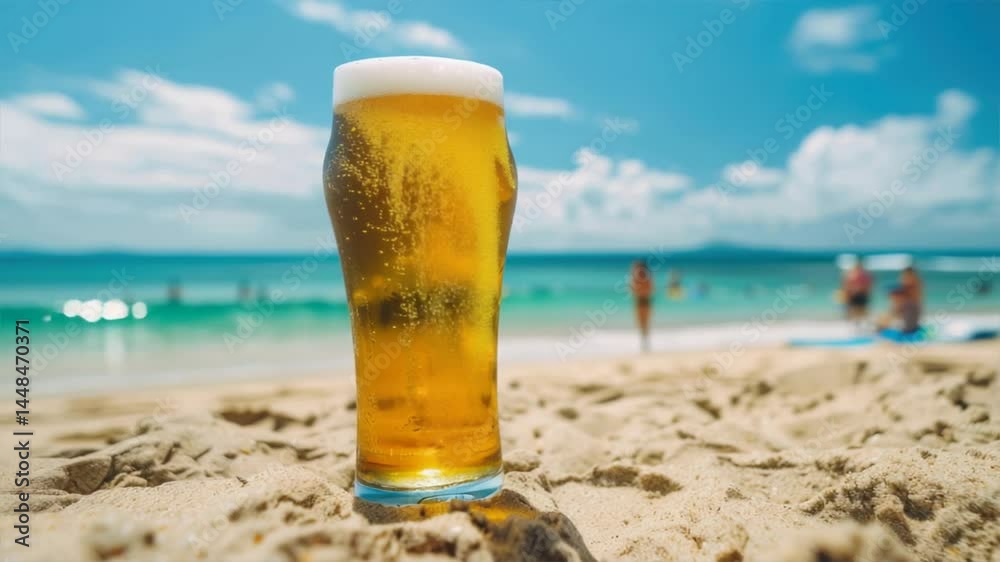 A cold beer glass on sandy beach with sparkling ocean, perfect for relaxation and enjoyment on a sunny day. A cold beer glass on sandy beach with sparkling ocean, perfect for relaxation and enjoyment on a sunny day.