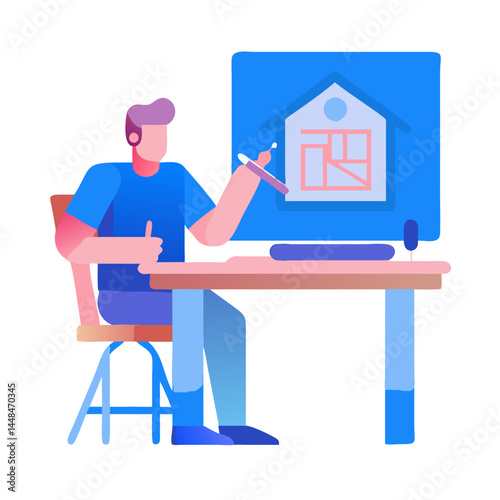 *Minimalist Blue & Pink Linear Icon – Architect Designing House on White Background*  