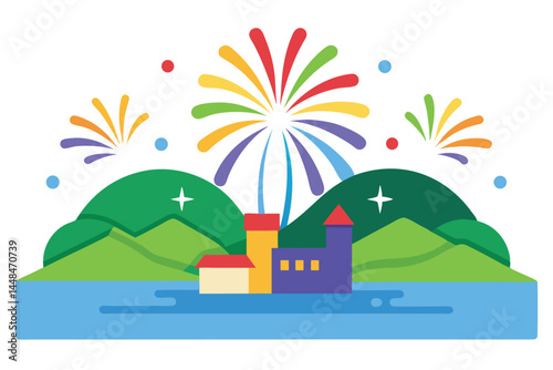Colorful fireworks over a stylized town scene with mountains and water