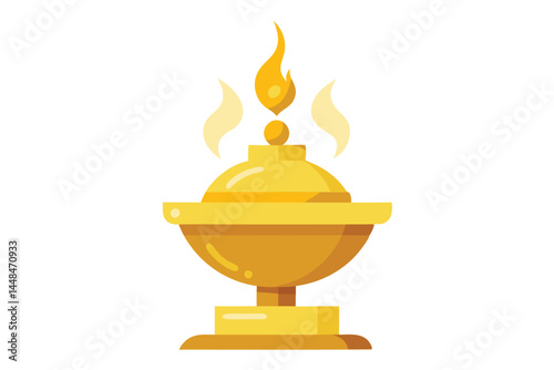 Golden lamp with bright flame, ornate base, and delicate wisps of smoke