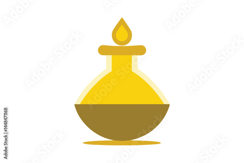 Stylized potion bottle with drop above, golden liquid, on white background