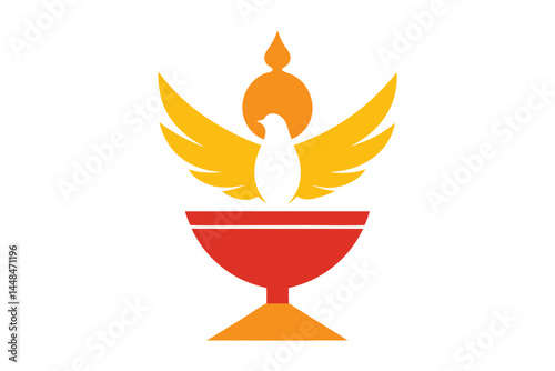 Geometric chalice with winged dove and flame representing spiritual unity