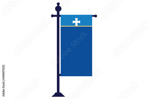 A blue and white banner with cross emblem hanging on a pole