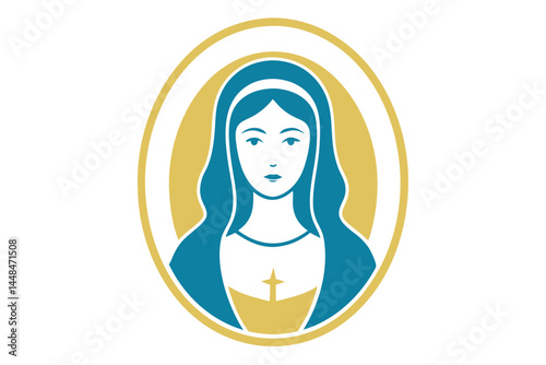Iconic rendering of the Virgin Mary set in a gold circle shape