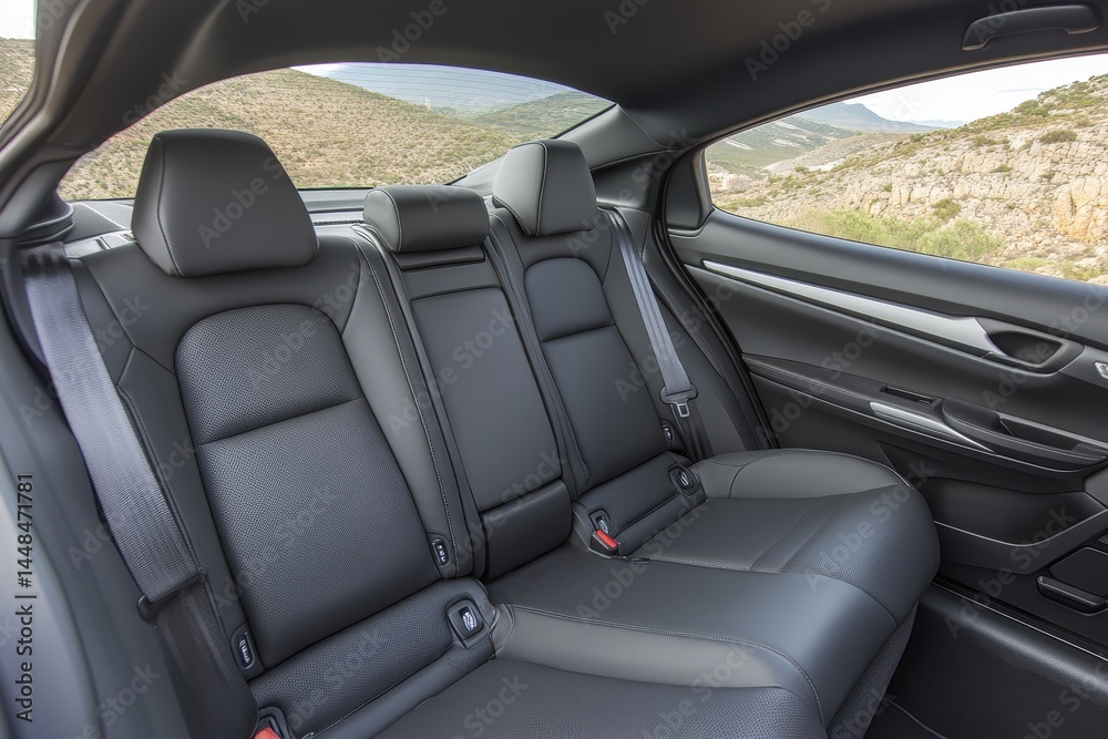 Rear seats of a modern car, showing comfortable leather upholstery and safety belts. Interior view of a vehicle's back row, showcasing sleek design and spaciousness Rear seats of a modern car, showing comfortable leather upholstery and safety belts. Interior view of a vehicle's back row, showcasing sleek design and spaciousness