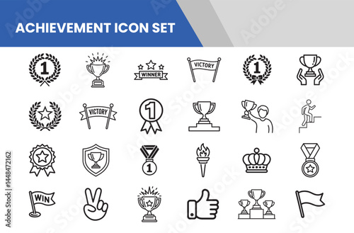 Victory and Achievement Line Icons – Vector Outline Set of Trophy, Medal, Winner Podium, Laurel Wreath, Crown, and Celebration Symbols
