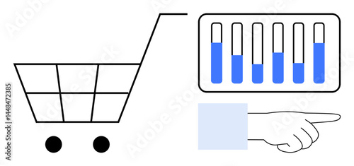 Shopping cart alongside test tubes and pointing hand, symbolizing technology, innovation, and decision-making. Ideal for e-commerce, biotechnology, education, research, healthcare apps simple