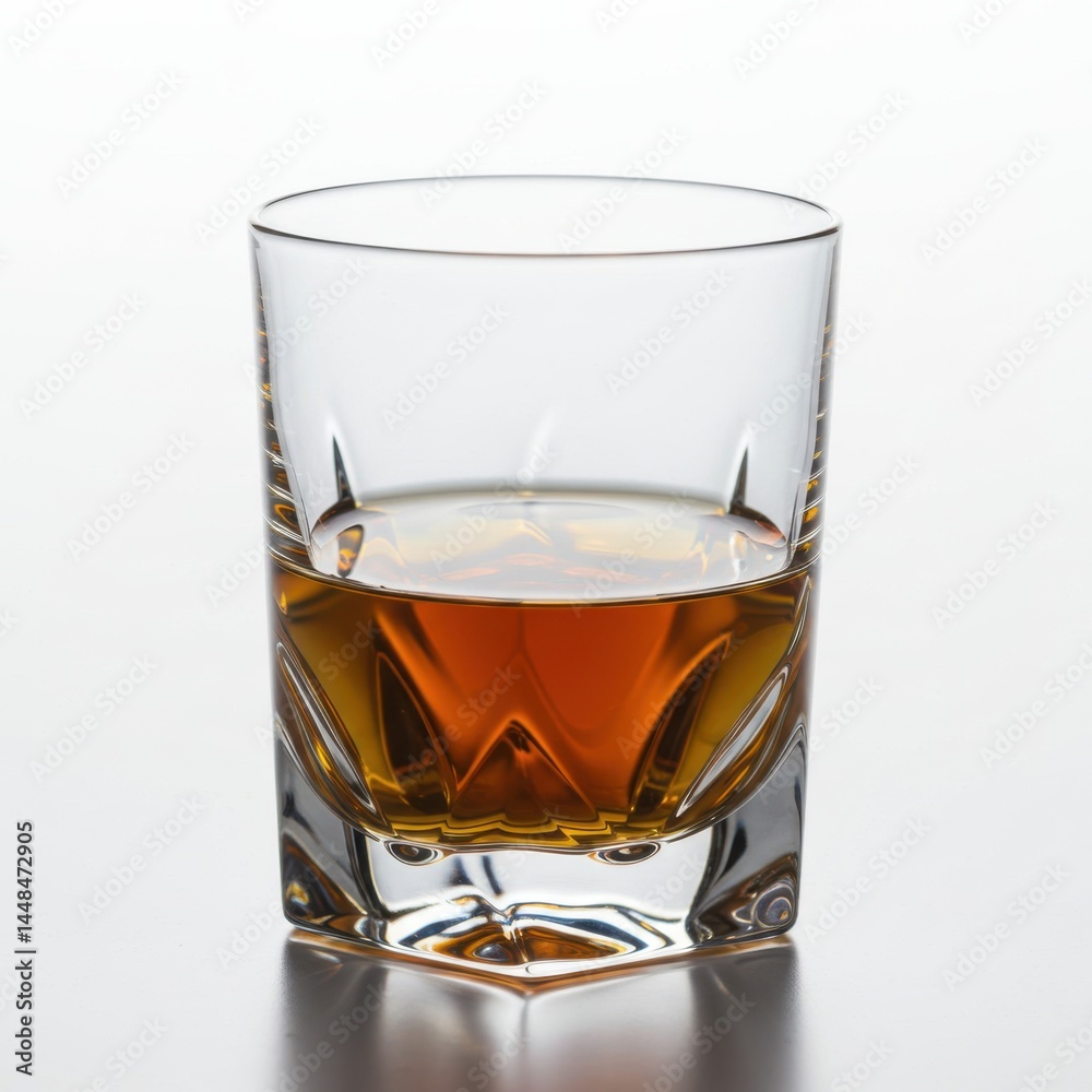 Close up shot of a square glass filled with an amber liquid on a reflective white surface studio shot Close up shot of a square glass filled with an amber liquid on a reflective white surface studio shot