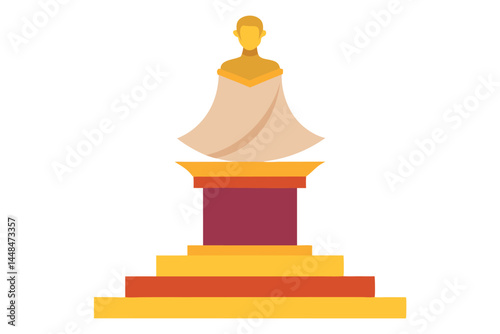 A Golden Statue on a Decorative Multicolored Pedestal with Steps, Flat Vector