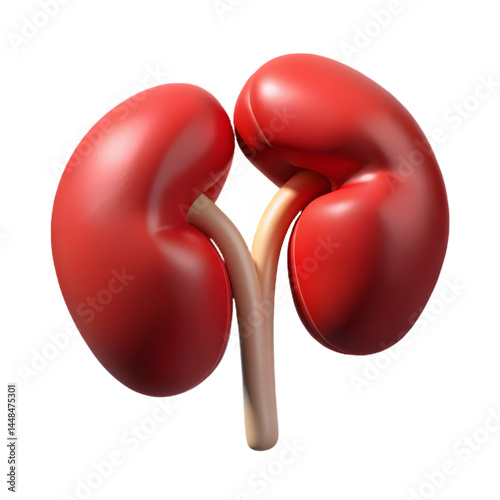 Detailed 3D rendering of human kidneys, showcasing their bean-shaped structure and intricate connecting ureter. Isolated against a muted blue background. photo