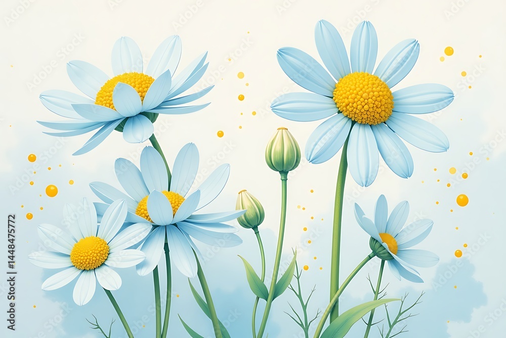 Obraz premium Pastel Daisies with Yellow Centers and Buds, Delicate Composition, Light and Airy Visuals, Ideal for Backgrounds or Wall Art 