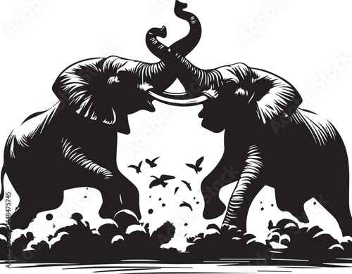 Two Elephants Engaged in a Powerful Struggle. A striking black and white illustration depicts two elephants in a dramatic confrontation.