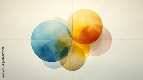 Abstract art featuring overlapping circles in shades of blue, orange, and yellow, creating a sense of blend and harmony.