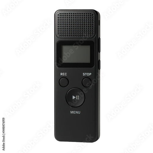 Compact black digital voice recorder for portable audio capture, lectures, interviews, and important notes.
