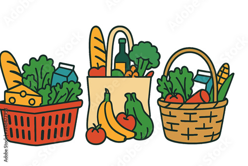 Eco shopping bags and baskets containing food items are featured in a vector illustration of a grocery store