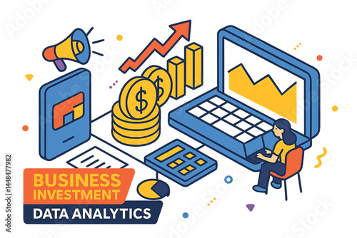 Isometric vector illustration represents business investment, highlighting data analytics for marketing solutions and financial performance of a company, including budget and statistics