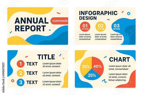 The presentation template set can be utilized in corporate and annual report contexts