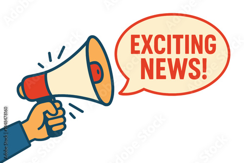 Vector illustration of a male hand holding a megaphone accompanied by a speech bubble with exciting news, embodying the concept of a loudspeaker and a banner for business, marketing, and advertising