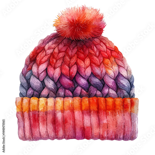 Cozy Knit Hat With Braided Patterns, watercolor vector, isolated on a white background.