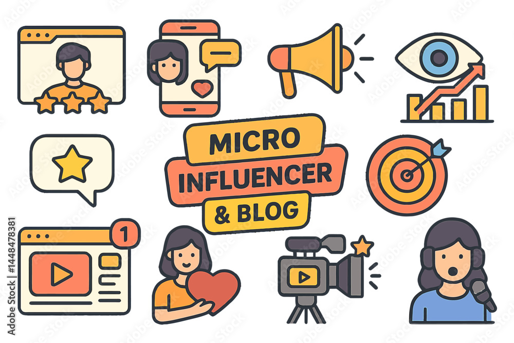 The micro influencer and blog line icon set comprises various icons such as reviews, social media, advertisements, view rates, likes, vlogs, and others