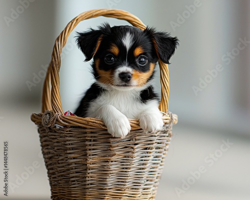 Adorable puppy in a wicker basket