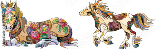 Zentangle horses. Hand drawn decorative vector illustration.