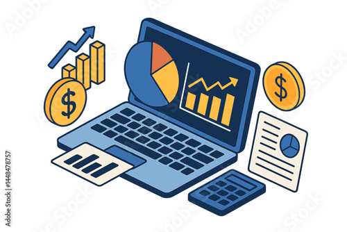Financial analytics and infographics appear on a laptop screen, featuring graphs, data analysis, and charts related to investment and trade, all presented in a 3D isometric vector format as a