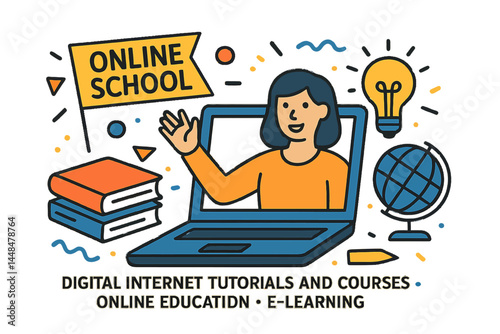 The online school offers digital internet tutorials and courses through e-learning, with a web banner template designed for website, landing page, and mobile app development in a doodle style vector