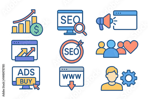 This set of SEO vector line icons includes a range of symbols such as increase sales, traffic management, and social networks, all with editable strokes and perfectly designed for 48x48 pixels