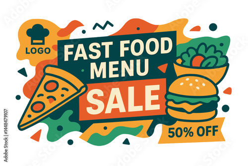 The design of a fast food restaurant menu social media marketing web banner template incorporates a pizza, burger, and healthy food business online promotion flyer with an abstract background, logo