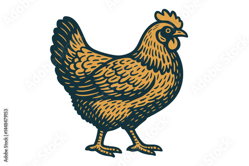 The image of a hen is presented in a vintage illustration, created using graphical drawing techniques and an engraving style, ideal for use in markets, shops, and restaurants
