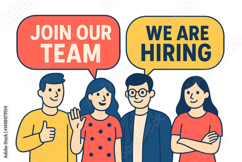Become a part of our group, represented by an image and concept vector illustration featuring a young crowd with large speech bubbles