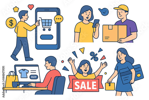 Modern vector illustrations depicting a shopping concept, with scenes of men and women participating in various ecommerce activities, such as online shopping, sales, product ordering, and delivery