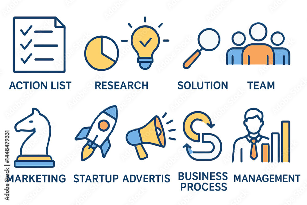 Fototapeta premium Line-style web icons for business strategy have been compiled, featuring business solutions icons for use in web and mobile apps, encompassing Action List, research, solution, team, marketing