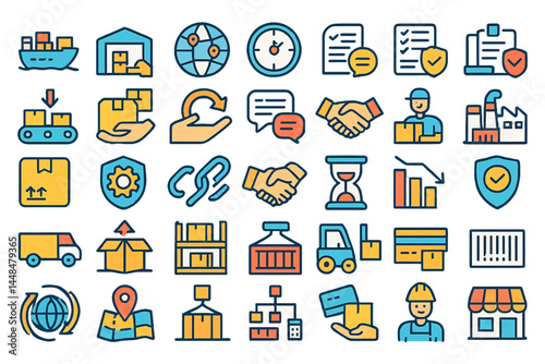 A set of 45 outline icons is provided, covering topics such as supply chain, value chain, logistics, delivery, manufacturing, and commerce, all in vector format and featuring editable strokes