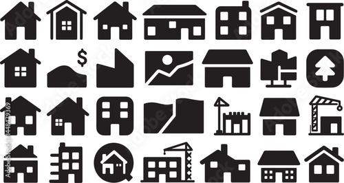 Real Estate Icons  design clean and uniform in style, with a black design and transparent background
