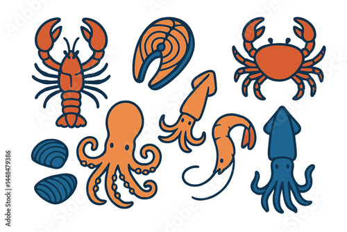 The vector set consists of hand drawn seafood icons, such as lobster, salmon, crab, shrimp, octopus, squid, and clams, ideal for menu objects