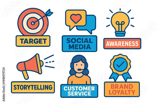 The branding banner web icon is a flat cartoon vector infographic designed for business and digital marketing purposes, including Target, social media, story telling, awareness, customer service