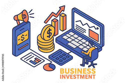 Business investment is depicted in an isometric vector illustration, showcasing data analytics for company marketing solutions and financial performance, along with budget accounting and statistics
