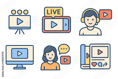 A simple collection of video content related vector line icons is available, featuring presentation, stream, library, and other icons, all with editable strokes and a 48x48 pixel perfect design