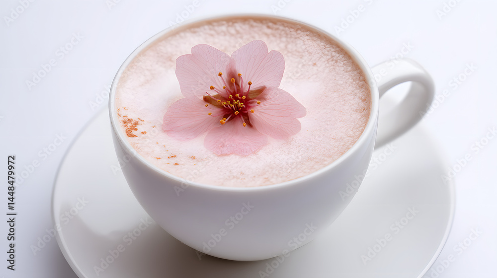 Fragrant Sakura Latte with Steamed Milk and Pink Flower in a White Cup on Minimalist Background Fragrant Sakura Latte with Steamed Milk and Pink Flower in a White Cup on Minimalist Background