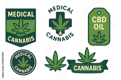 A vector template set featuring logos, labels, and emblems for medical cannabis