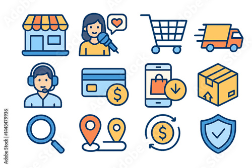 The online shopping line icon set includes a vector assortment of icons such as online store, feedback, shopping cart, delivery, support, payment card, and many others, ensuring pixel perfection